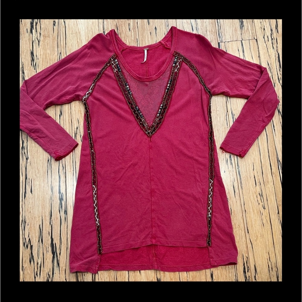 FREE PEOPLE Beaded & Sequin Long Sleeve Tunic Size XS Brick Red